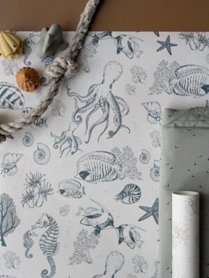 wit met blauw kinderkamer behang thema onderwaterwereld, little underwater world van little amour