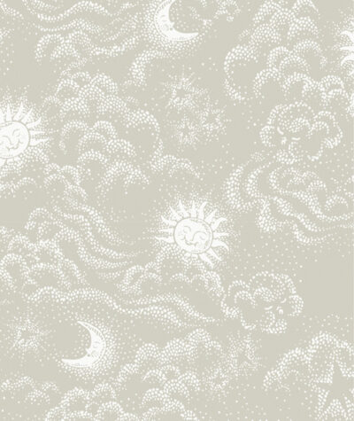 Beige ruimte behang met maan, sterren, zon en wolken, happy cloud van littlephant