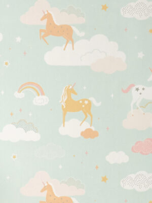 turquoise behang met unicorns voor kinderkamer, behang rainbow treasures van majvillan