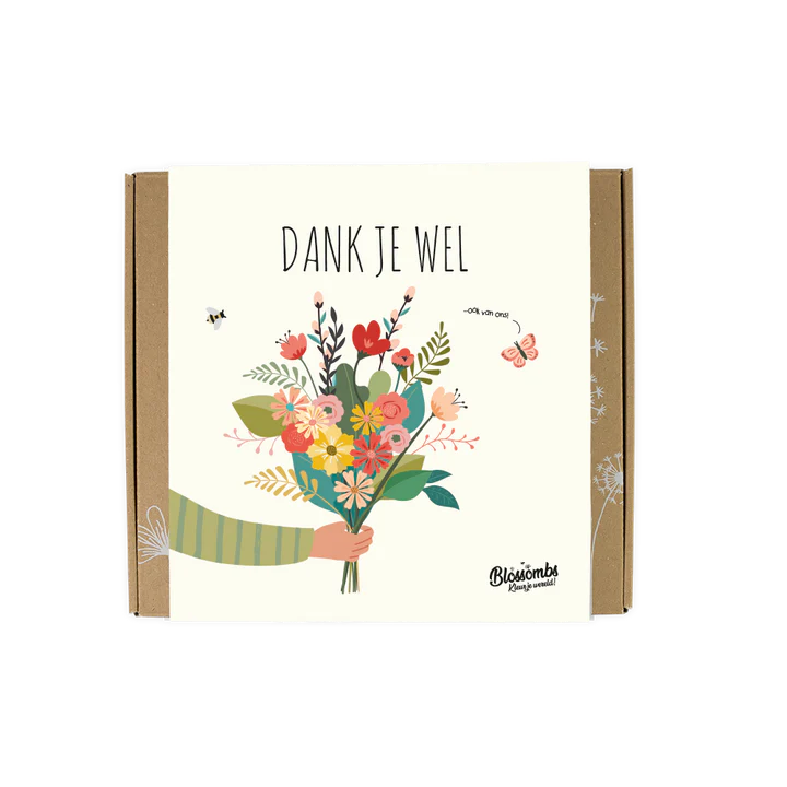 Blossombs Giftbox medium met de tekst 'Dank je wel'. Inhoud 9 zaadbommetjes