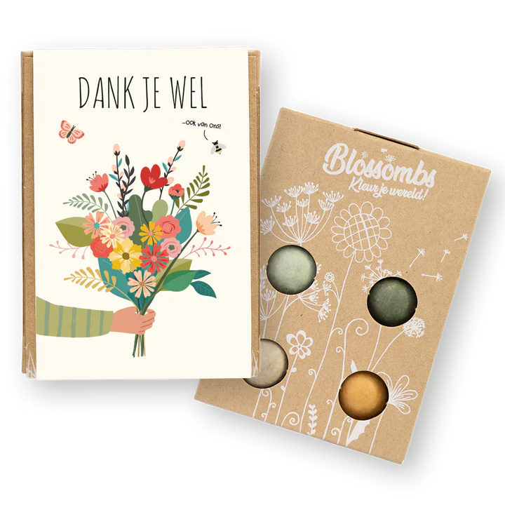 Blossombs giftset mini met de tekst 'Dank je wel', inhoud 4 bloembommetjes