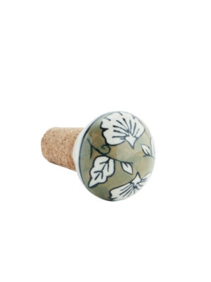 Handgeschilderde wijnstopper bloem - witgroen Madam Stoltz